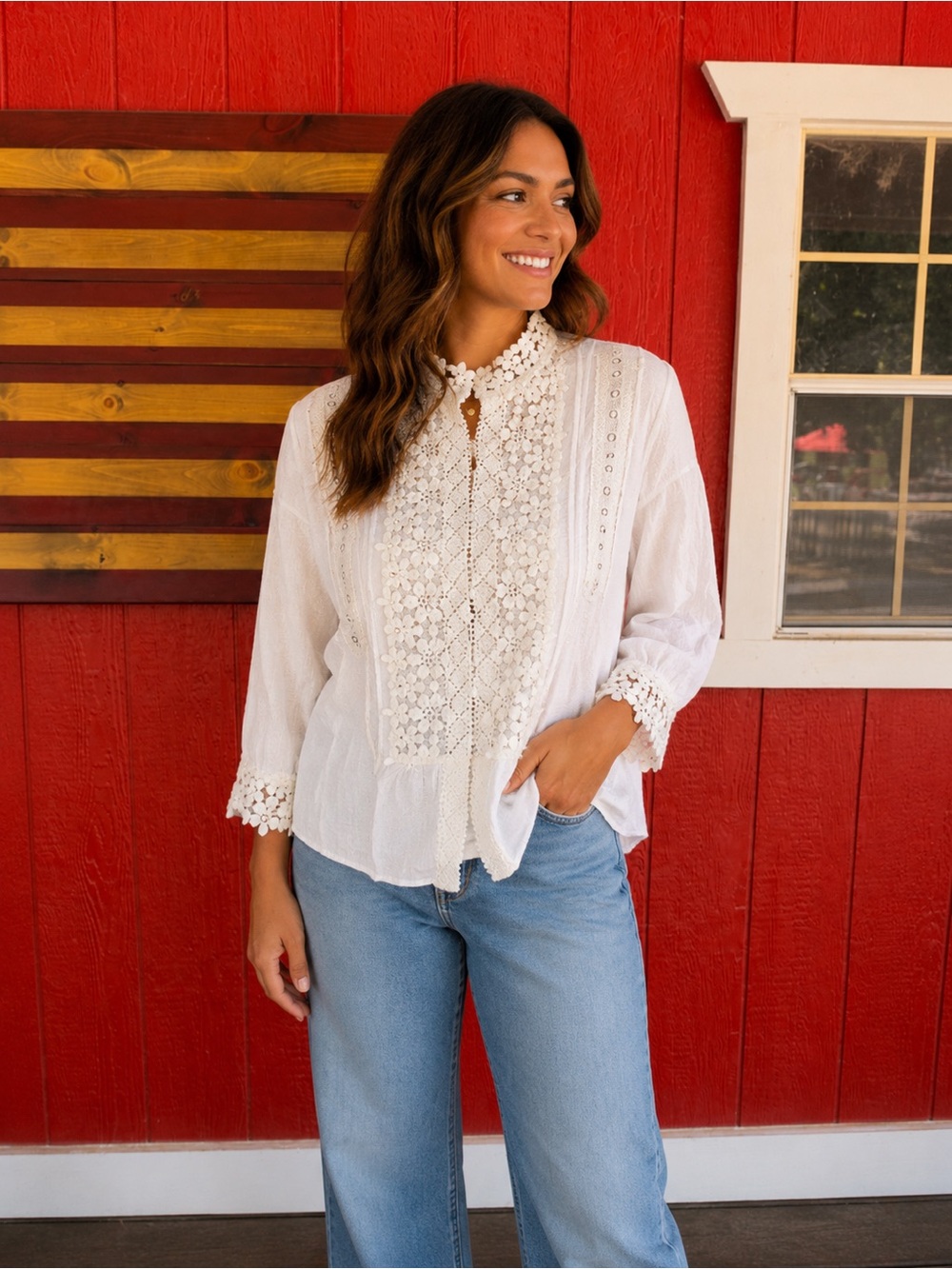 POL Ivory Floral Crochet Lace Button-Up Blouse